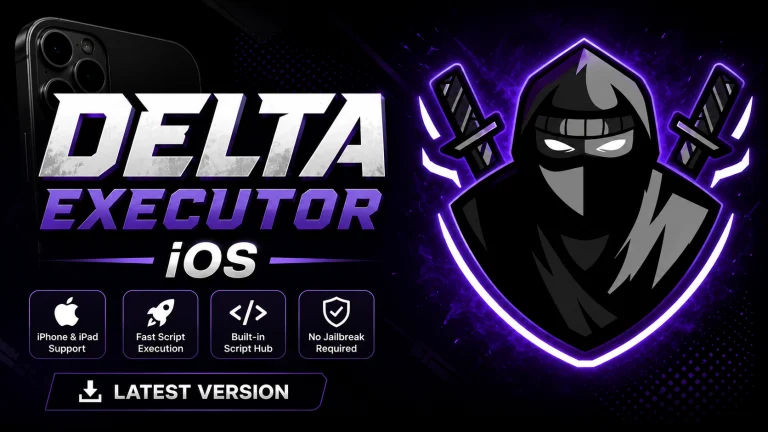 Delta Executor iOS latest version banner showing iPhone and iPad support, fast script execution, built-in script hub, and no jailbreak required.