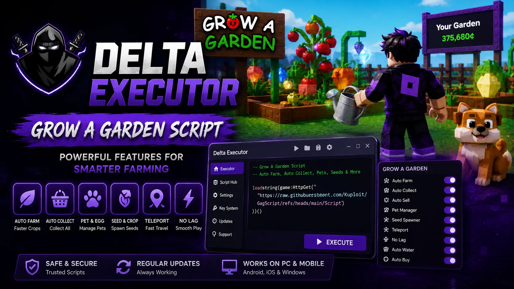 Delta Executor interface displaying Roblox script execution tools on a mobile device