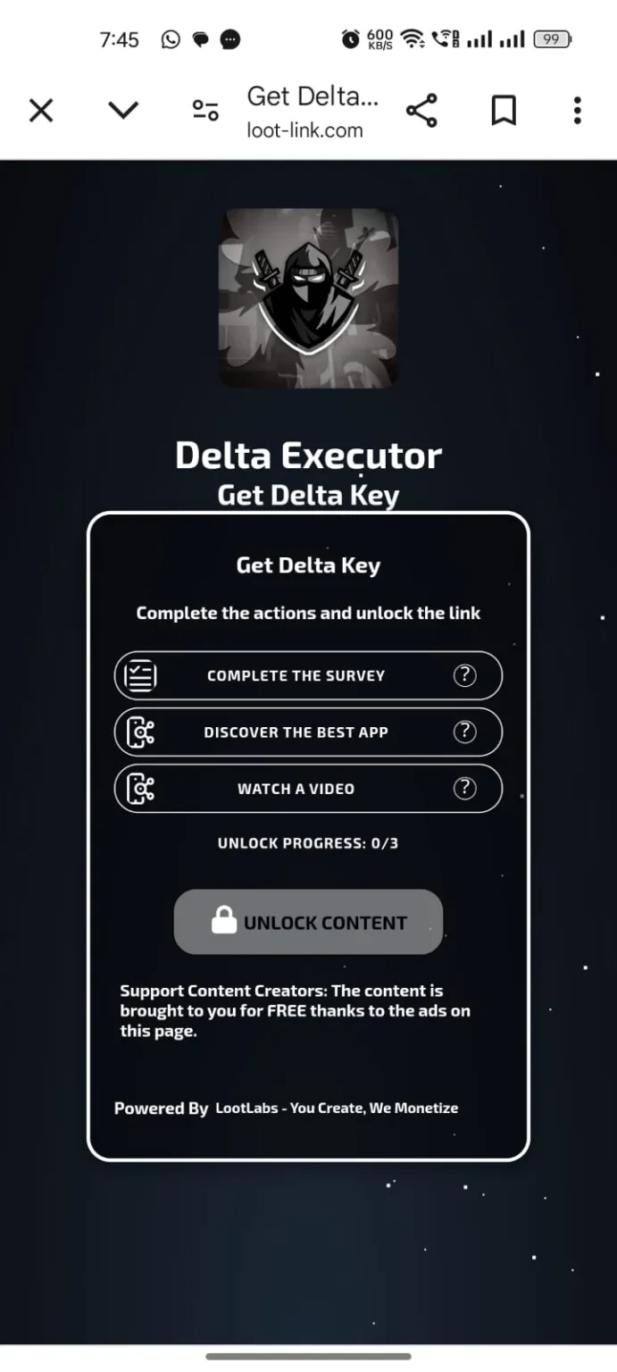 Delta Executor Key: How to Get, Enter & Fix Key Issues in 2026 3 Delta Executor key page showing survey, app discovery, and video tasks to unlock the key