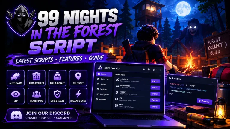 99 Nights in the Forest script for Roblox featuring auto farm, auto collect, build and craft, teleport, ESP, player info, and Delta Executor script editor