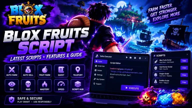 Blox Fruits Script for Roblox featuring auto farm, auto sell, fruit farm, quests, teleport, ESP, raid, mastery, and Delta Executor script editor