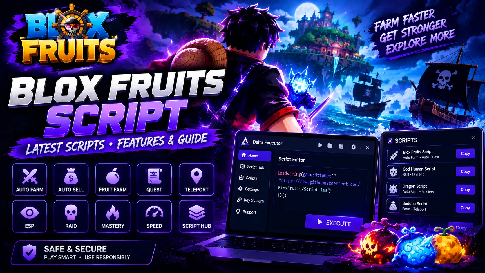 Blox Fruits Script for Roblox featuring auto farm, auto sell, fruit farm, quests, teleport, ESP, raid, mastery, and Delta Executor script editor